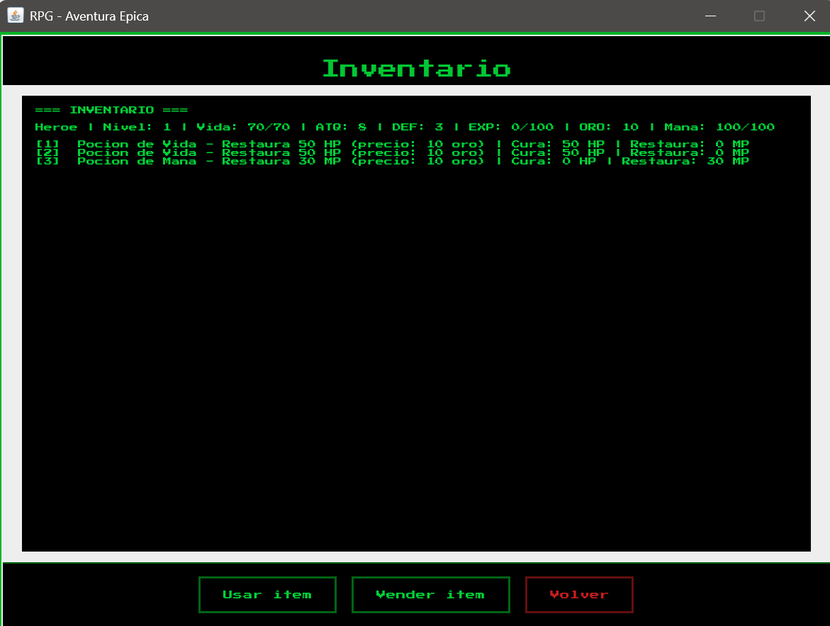 Pantalla de inventario con objetos equipables